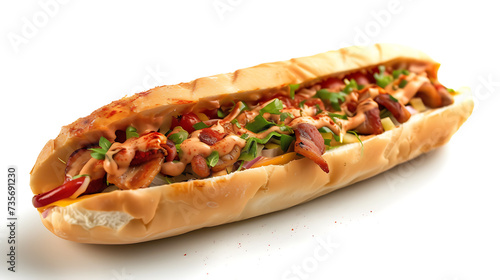 Hot Dog with Mushrooms and Bacon Isolated on a White Background
