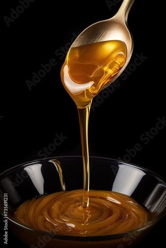 close up of honey melting in a spoon on a black background