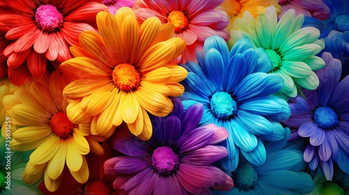 Colorful daisy. Rainbow flower background. Rainbow abstract art. Rainbow floral background. Surreal abstract. Colorful glittering background. Colorful sparkles. Multicolor flower backdrop