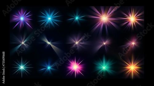 Easy to add lens flare effects for overlay designs or screen blending mode to make high-quality images. Set of abstract sun burst, digital flare, iridescent glare over black background