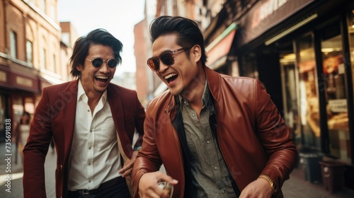 Two Fashionable Asian Men Laughing Joyfully in City. photo