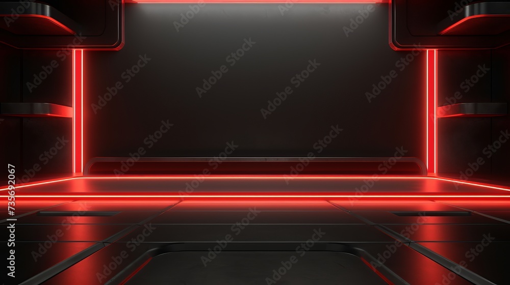 Futuristic sci-fi abstract red neon light shapes on black background ...