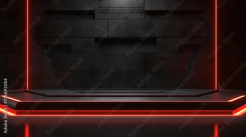 Futuristic sci-fi abstract red neon light shapes on black background ...