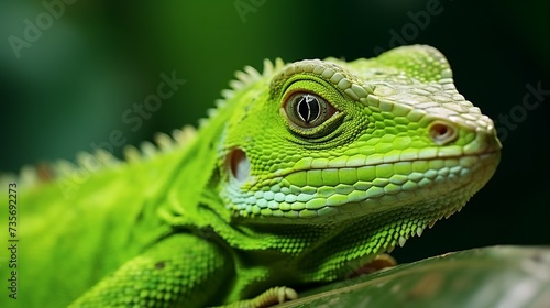 Green lizard. Beautiful animal in the nature habitat.  detail eye portrait exotic tropic animal in green nature habitat  shallow depth of field. grain image