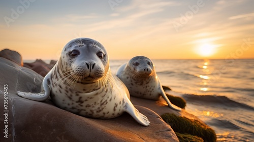 Harbour seals resting on the beach. Early morning at Grenen, Denmark © Tahir