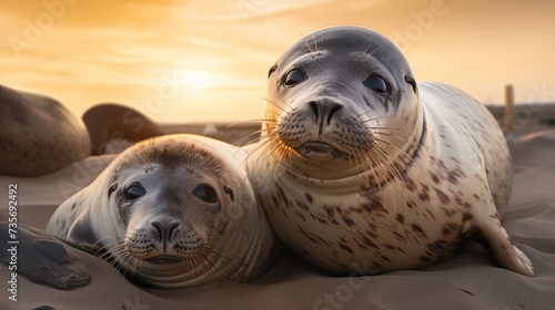 Harbour seals resting on the beach. Early morning at Grenen, Denmark