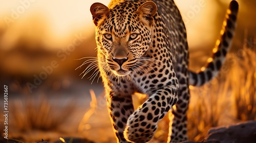 Leopard, Panthera pardus shortidgei, nature habitat, big wild cat in the nature habitat, sunny day on savannah, Khwai River, Moremi Botswana. Wildlife nature. Africa wildlife. Leopard sunset walk.