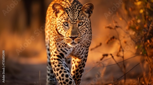 Leopard, Panthera pardus shortidgei, nature habitat, big wild cat in the nature habitat, sunny day on savannah, Khwai River, Moremi Botswana. Wildlife nature. Africa wildlife. Leopard sunset walk. © Tahir