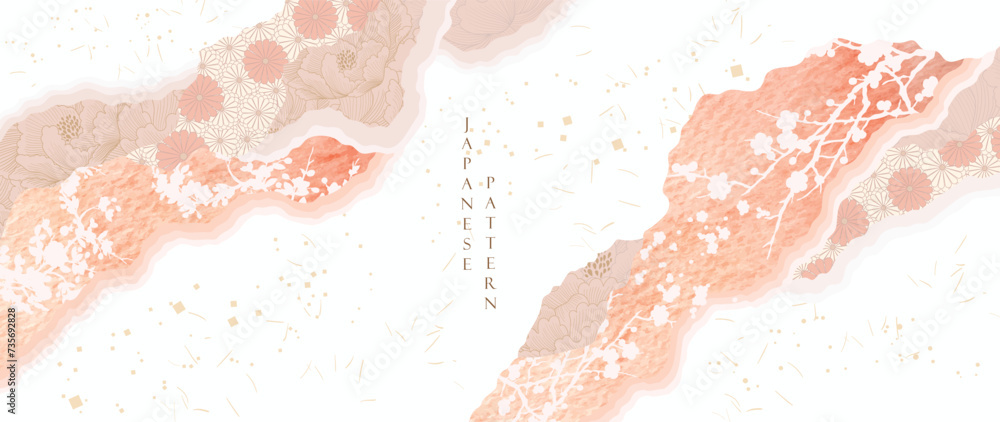 Fototapeta premium Abstract background with pink watercolor painting texture vector. Art acrylic element with Japanese wave pattern with floral element in oriental style. paper craft banner.
