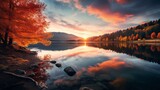 Majestic sunset of the mountains landscape. Wonderful Nature landscape during sunset. Beautiful colored trees over the Federa lake, glowing in sunlight. wonderful picturesque scene. color in nature