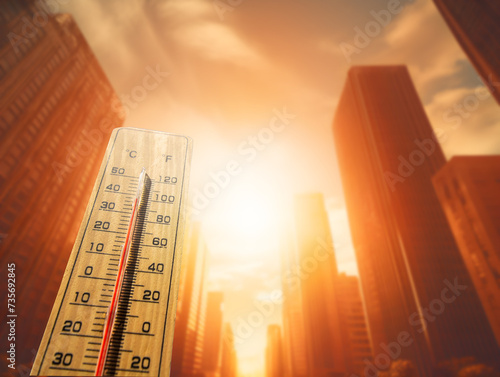 Yellow sky thermometer with sunlight shining in summer shows rising weather conditions. global warming concept