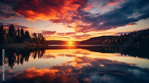 Majestic sunset of the mountains landscape. Wonderful Nature landscape during sunset. Beautiful colored trees over the Federa lake, glowing in sunlight. wonderful picturesque scene. color in nature