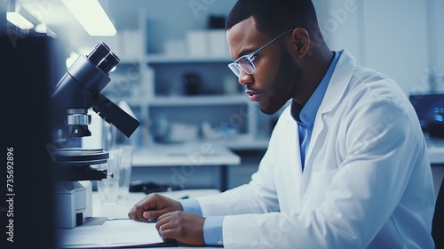 Medical research. Professional chemist young African man writing on his clipboard while working at the laboratory ethnicity profession occupation people medicine clinical biology internship copyspace