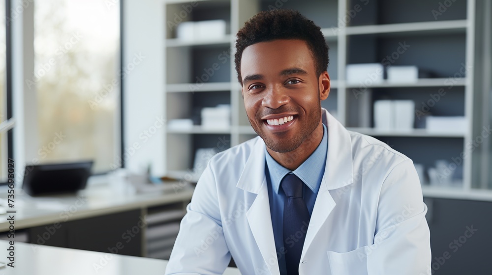 Minimal front view portrait of young black doctor looking at camera while sitting at desk Minimal front view portrait of young black doctor looking at camera while sitting at desk