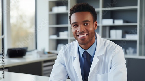 Minimal front view portrait of young black doctor looking at camera while sitting at desk photo