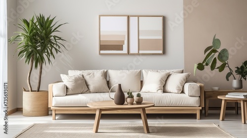 Modern interior of open space with design modular sofa  furniture  wooden coffee tables  plaid  pillows  tropical plants and elegant personal accessories in stylish home decor. Neutral living room