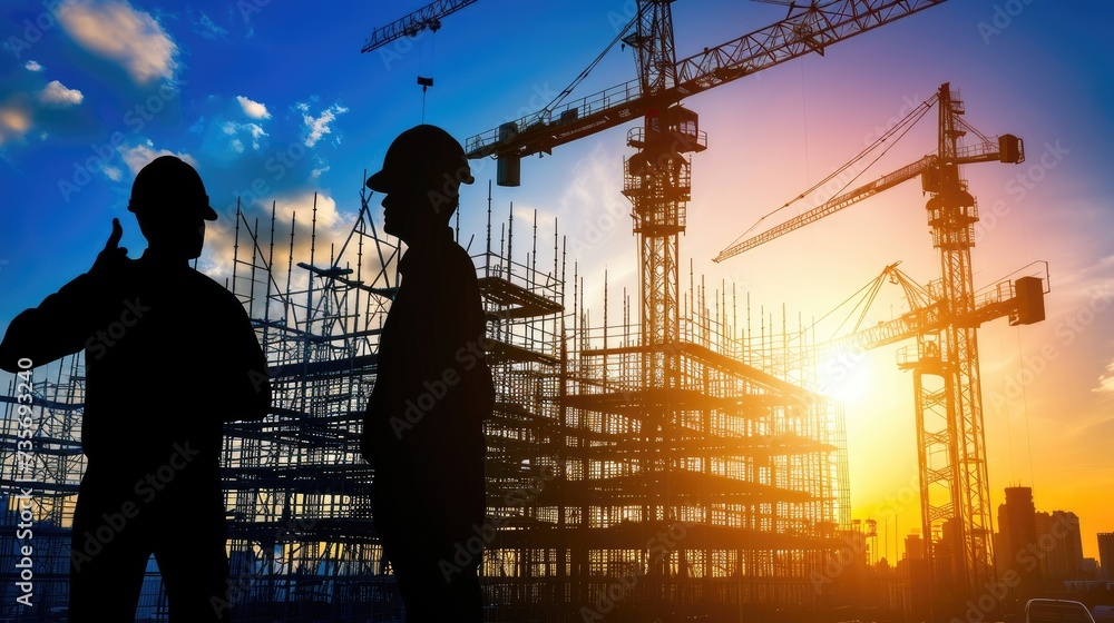 Construction Engineers Overlooking Site at Sunset Silhouette.