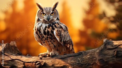 Owl at sunset. Eurasian eagle owl, Bubo bubo, perched on rotten trunk in pine forest. Beautiful owl with orange eyes and tufts. Wildlife autumn nature. Bird in natural habitat. Pine seedlings © Tahir