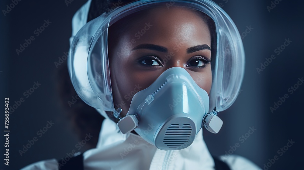 Portrait African American beautiful woman doctor in medical mask, face shield and goggles looking at camera. Close up female physician in respiratory protection. Doctors on background. Protected suit