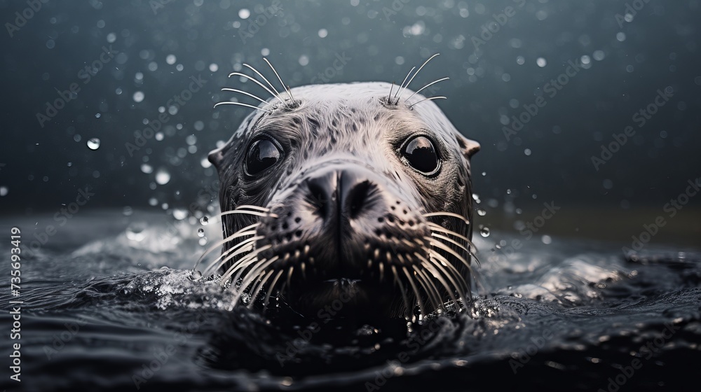 Fototapeta premium Portrait of a very cute young seal looking at you with his big dark eyes from the water of a pool