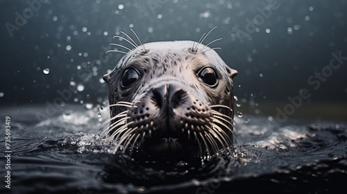 Portrait of a very cute young seal looking at you with his big dark eyes from the water of a pool © Tahir