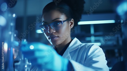 Scientist, pipette or petri dish in laboratory research, medical pharmacy or dna blood engineering. Black woman, dropper or science equipment in healthcare analytics test or future vaccine innovation © Tahir