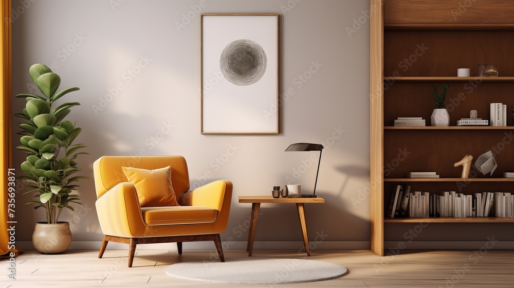 Stylish composition of living room interior with design rattan armchair, two mock up poster frames, plants, cube, palid and personal accessories in honey yellow home decor. Template Stylish composition of living room interior with design rattan armchair, two mock up poster frames, plants, cube, palid and personal accessories in honey yellow home decor. Template