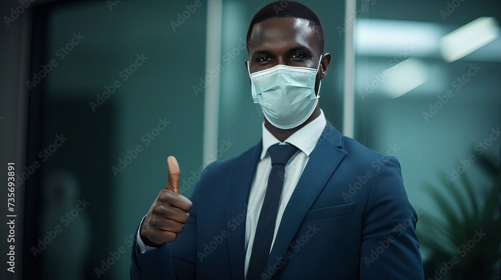 Successful Covid-19 Vaccination Concept. Vaccinated Black Man Gesturing Thumb Up And Showing Arm With Adhesive Bandage After Vaccine Injection, Posing Sitting At Clinic Hospital, Blurred Background - obrazy, fototapety, plakaty 