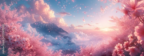 Majestic Mountain Backdrop with Cherry Blossoms and Sunset