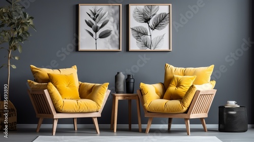 Stylish composition of living room interior with design rattan armchair, two mock up poster frames, plants, cube, palid and personal accessories in honey yellow home decor. Template photo