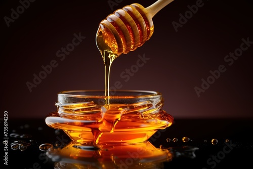 honey dripping from honey spoon in glass bowl