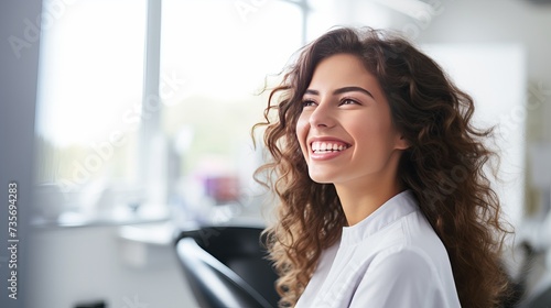 Woman looking in the mirror and smiling after checkup at dentist office