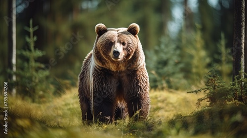 Wild Brown Bear (Ursus Arctos) on meadow. The background is a forest. A wild animal in its natural habitat. Wildlife scenery.