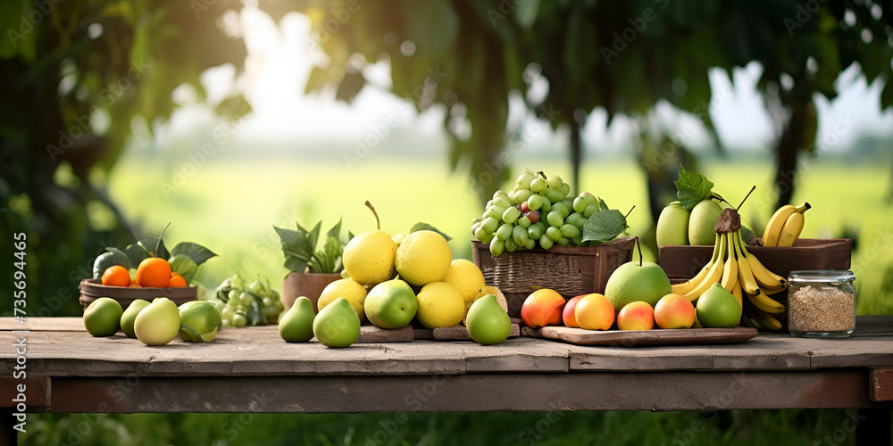 There are fruits on the table in the garden ai generator 
