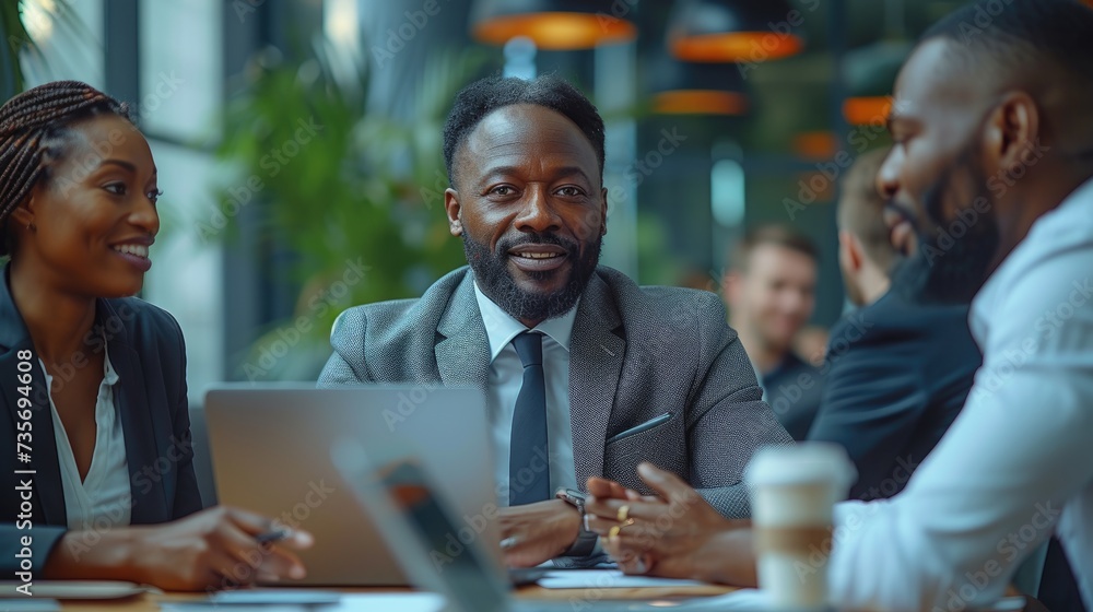 Diverse Team Collaborating Over Laptop in Business Meeting.