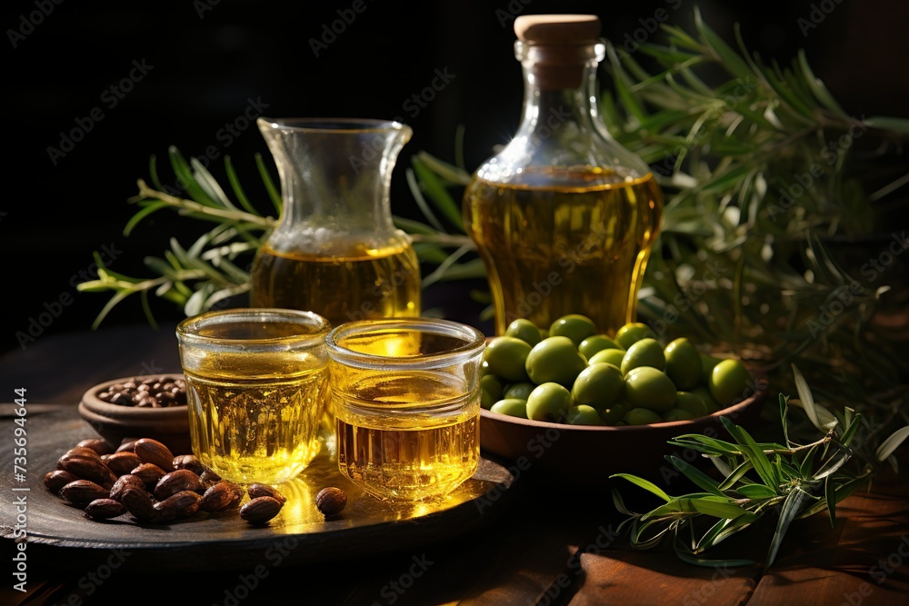 background of extra virgin olive oil with olives and branch leaves on kitchen table background of extra virgin olive oil with olives and branch leaves on kitchen table