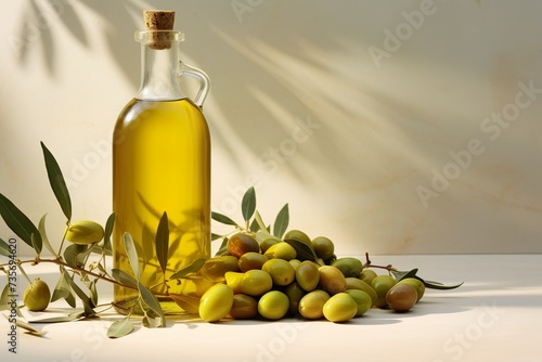 background of extra virgin olive oil with olives and branch leaves on kitchen table 