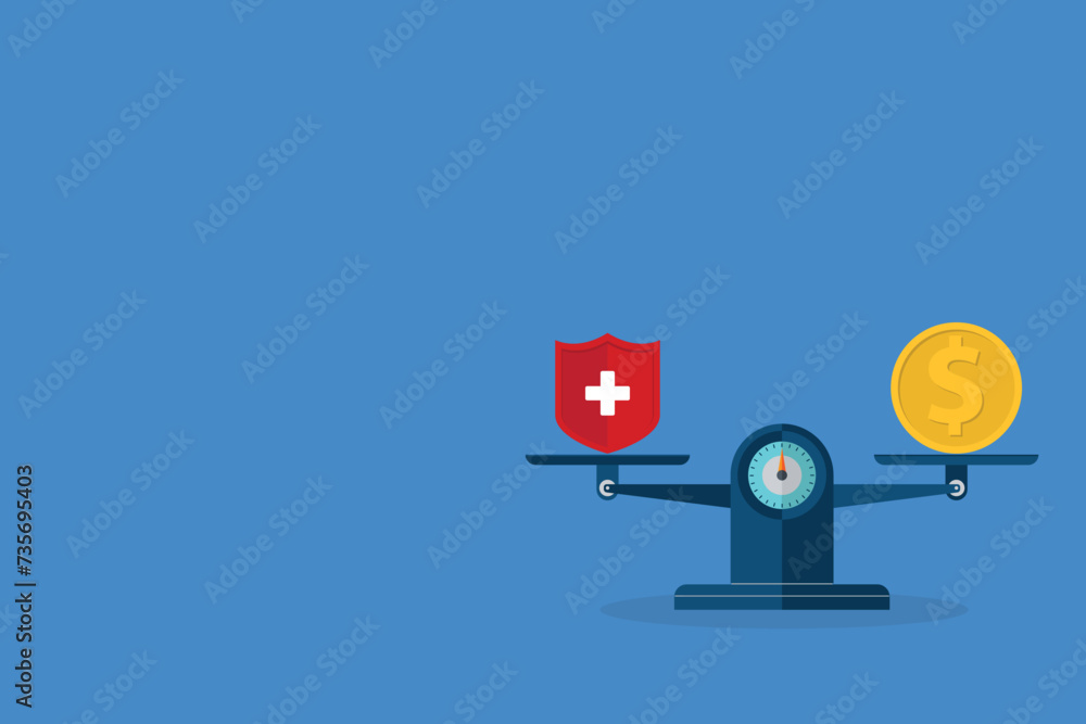 Medical cross and dollar coin on scales. Expensive health insurance concept. Medical cross and dollar coin on scales. Expensive health insurance concept.