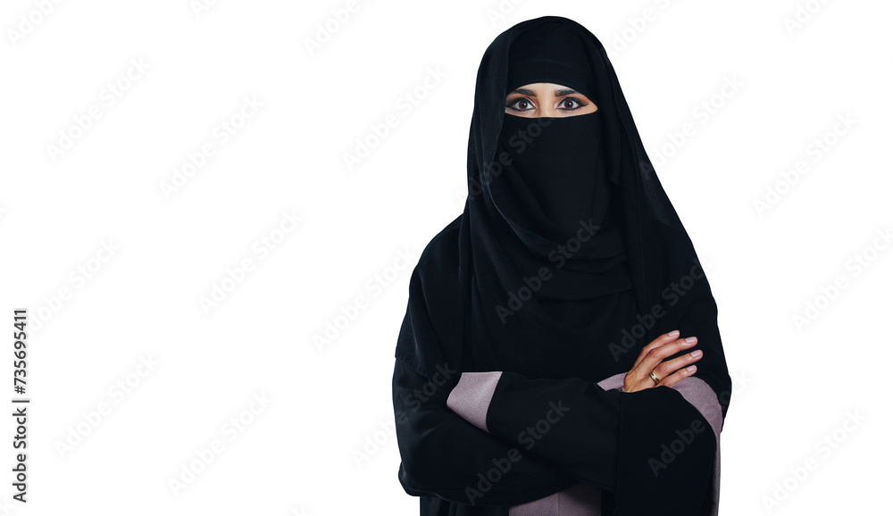 Woman, portrait and muslim in confidence with niqab hijab, scarf or traditional fashion on a transparent PNG background. Islamic female person, Saudi or Arabian model with outfit, burka or cover Woman, portrait and muslim in confidence with niqab hijab, scarf or traditional fashion on a transparent PNG background. Islamic female person, Saudi or Arabian model with outfit, burka or cover