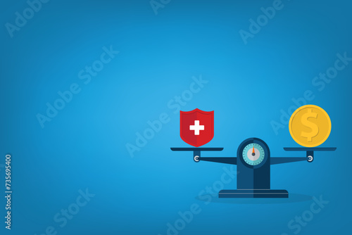 Medical cross and dollar coin on scales. Expensive health insurance concept. 