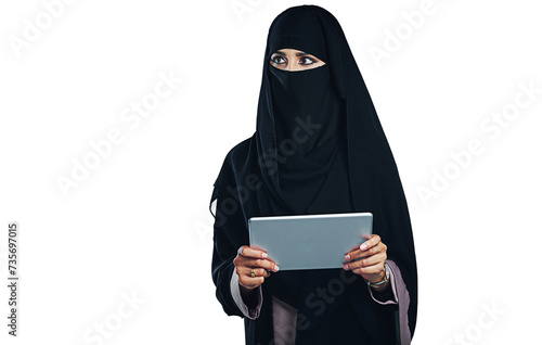 Woman, muslim and burka with tablet or thinking for online technology or isolated, transparent or png background. Female person, islamic and connectivity for internet research, culture or startup