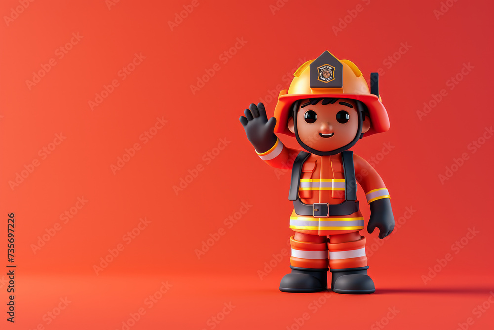 A cute friendly 3d fire fighter character waving to the camera. 3D Rendering style illustration A cute friendly 3d fire fighter character waving to the camera. 3D Rendering style illustration