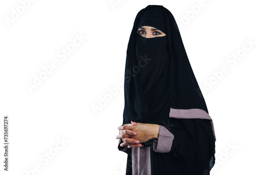 Islam, woman and portrait with niqab or confidence for corporate career, startup and human resource agency. Business, person and muslim entrepreneur or pride isolated on a png transparent background photo
