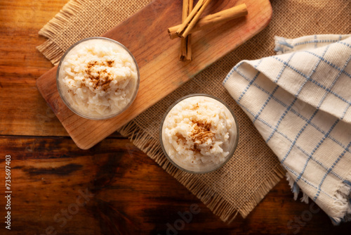 Rice pudding. Sweet dish made by cooking rice in milk and sugar, some recipes include cinnamon, vanilla or other ingredients, it is a very easy dessert recipe and very popular all over the world.