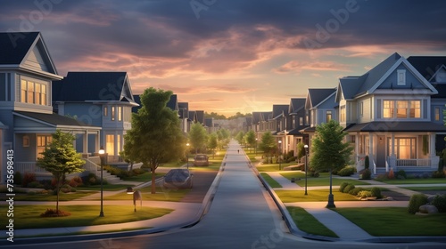 A peaceful residential neighborhood with houses bathed in the soft light of sunset, creating a tranquil atmosphere as the day comes to an end.
