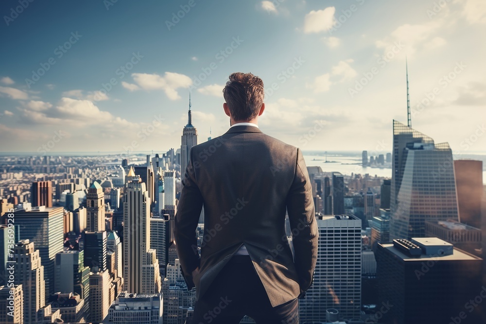 Naklejka premium Businessman overlooking cityscape, visionary leader