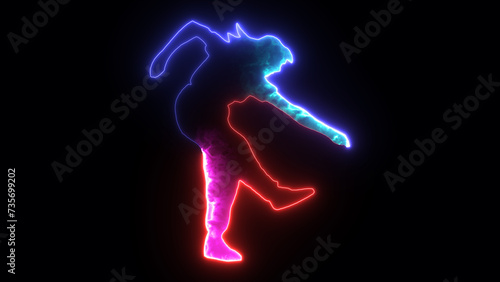 Practices yoga. Glowing neon silhouettes of man yoga poses isolated on black background. Women practice meditation and stretching. Yoga complex. Healthy lifestyle © Shapla