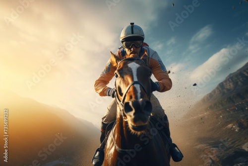 Jockey racing horse, intense competition at sunset