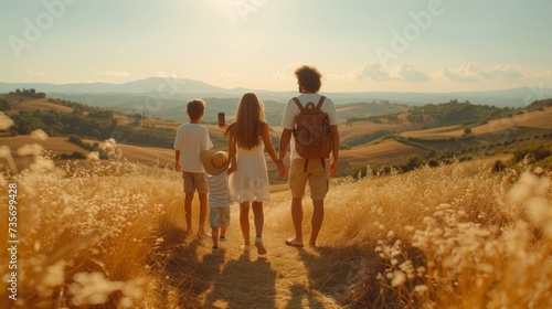 Family admires panoramic landscape at sunset, backs to camera