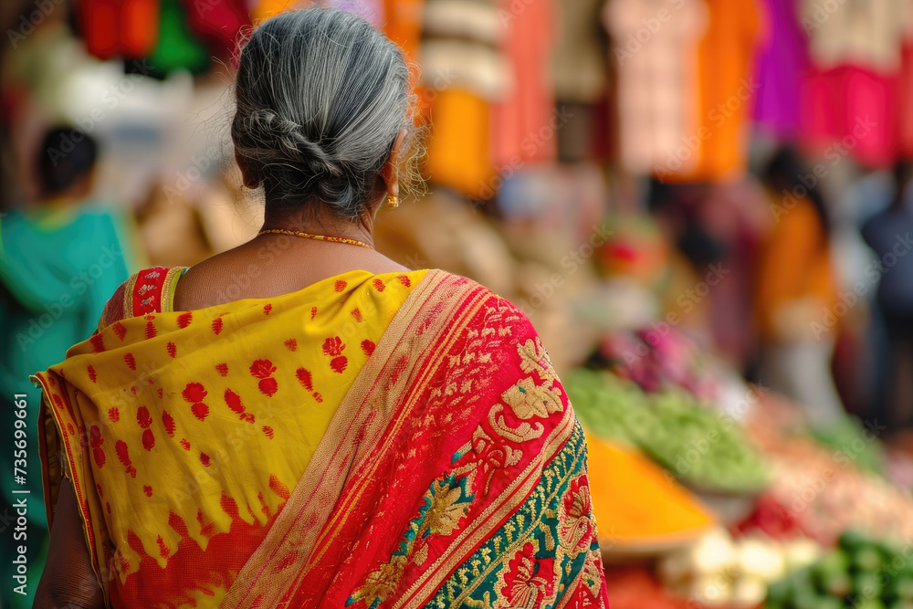Back view of senior Indian woman wearing traditional clothe
